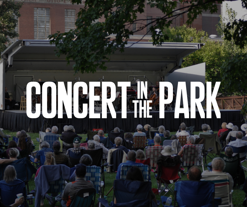 Concert in the Park text on dark photo background